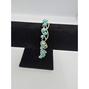 Vintage Gold Tone Faux Turquoise Bead Link Bracelet Fold-Over Clasp 7.25"